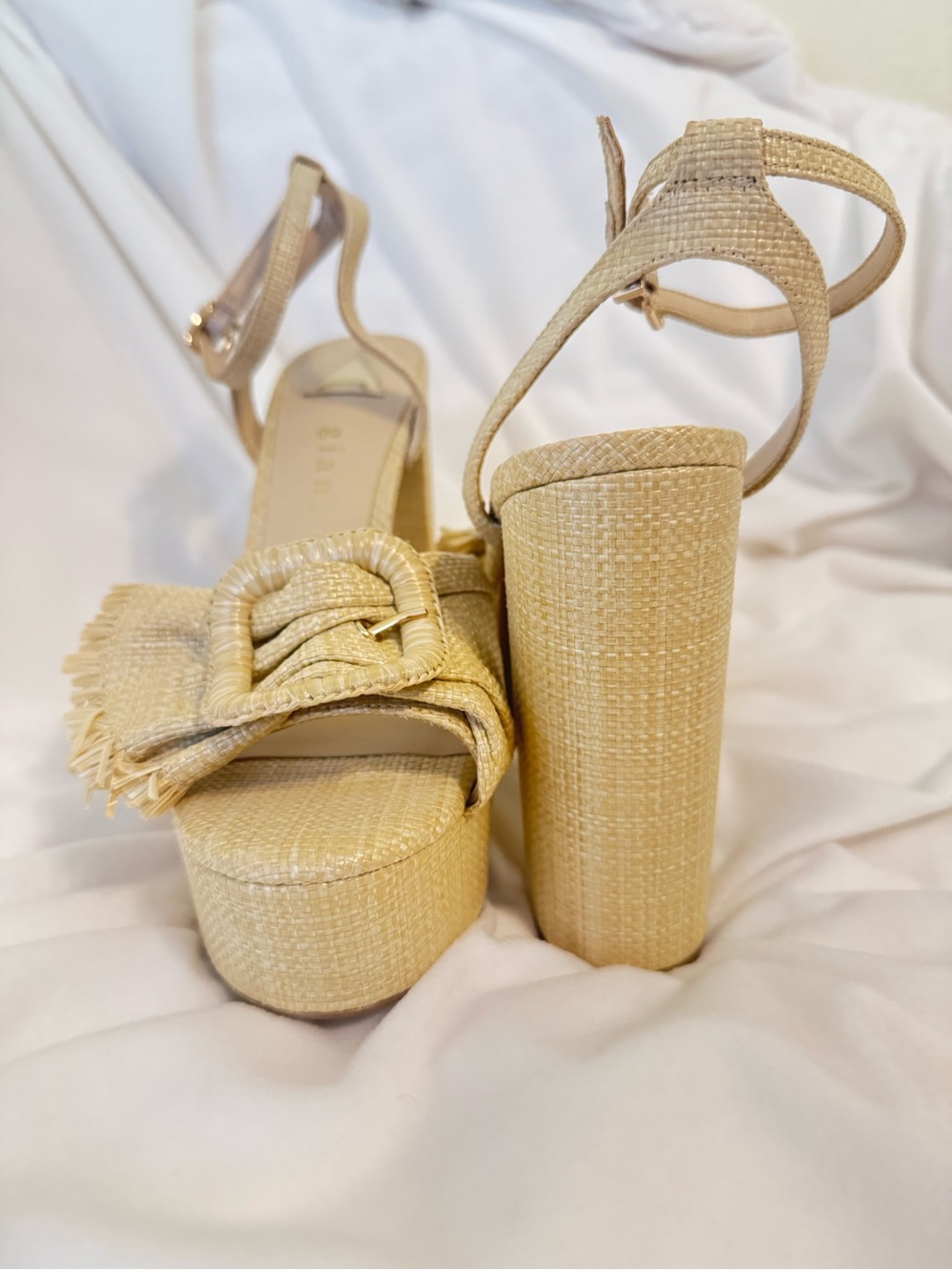 Gianni Bini Natural Raffia Knotted Ankle Strap Heels